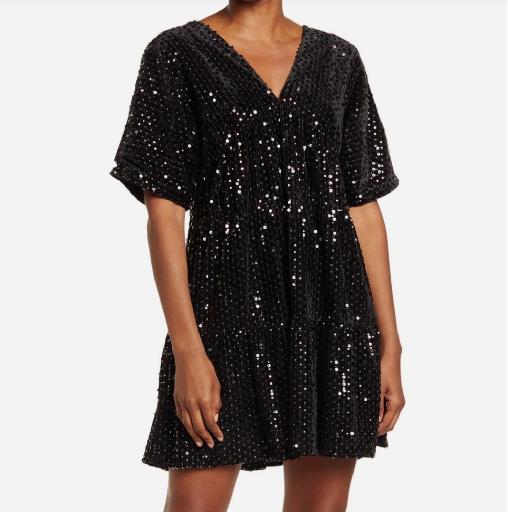 NWOT Wishlist Black Velvet And Sequin Mini Babydoll Dress
